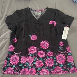 Butter soft stretch Women's Black and Pink Floral Top